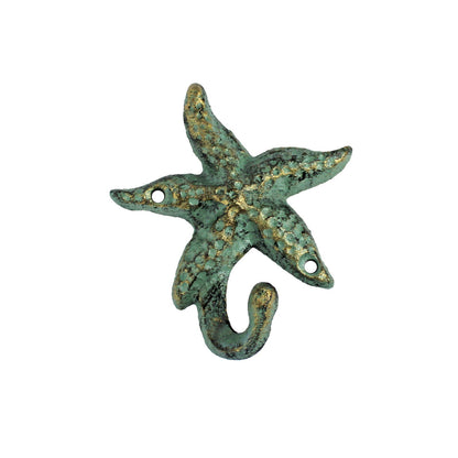 Small Cast Iron Starfish Wall Hook Key Towel Coat Door Hanger Nautical Verdigris