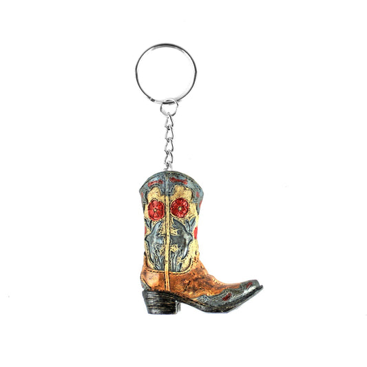 Floral Cowboy Boot Keychain Key Ring Hand Painted Polyresin Western Cowgirl