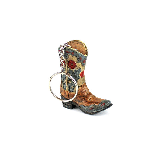 Floral Cowboy Boot Keychain Key Ring Hand Painted Polyresin Western Cowgirl
