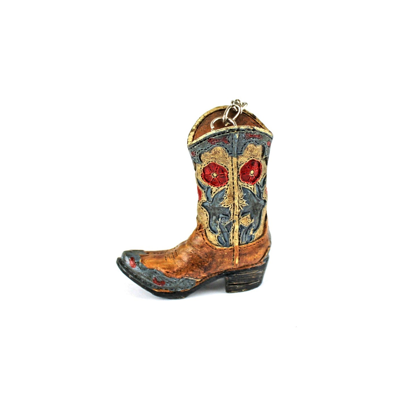 Floral Cowboy Boot Keychain Key Ring Hand Painted Polyresin Western Cowgirl