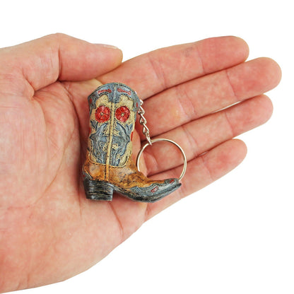 Floral Cowboy Boot Keychain Key Ring Hand Painted Polyresin Western Cowgirl