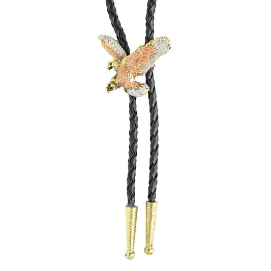 Tricolor Golden Attacking American Eagle Bolo Tie 36 inch Black Cord Made in USA