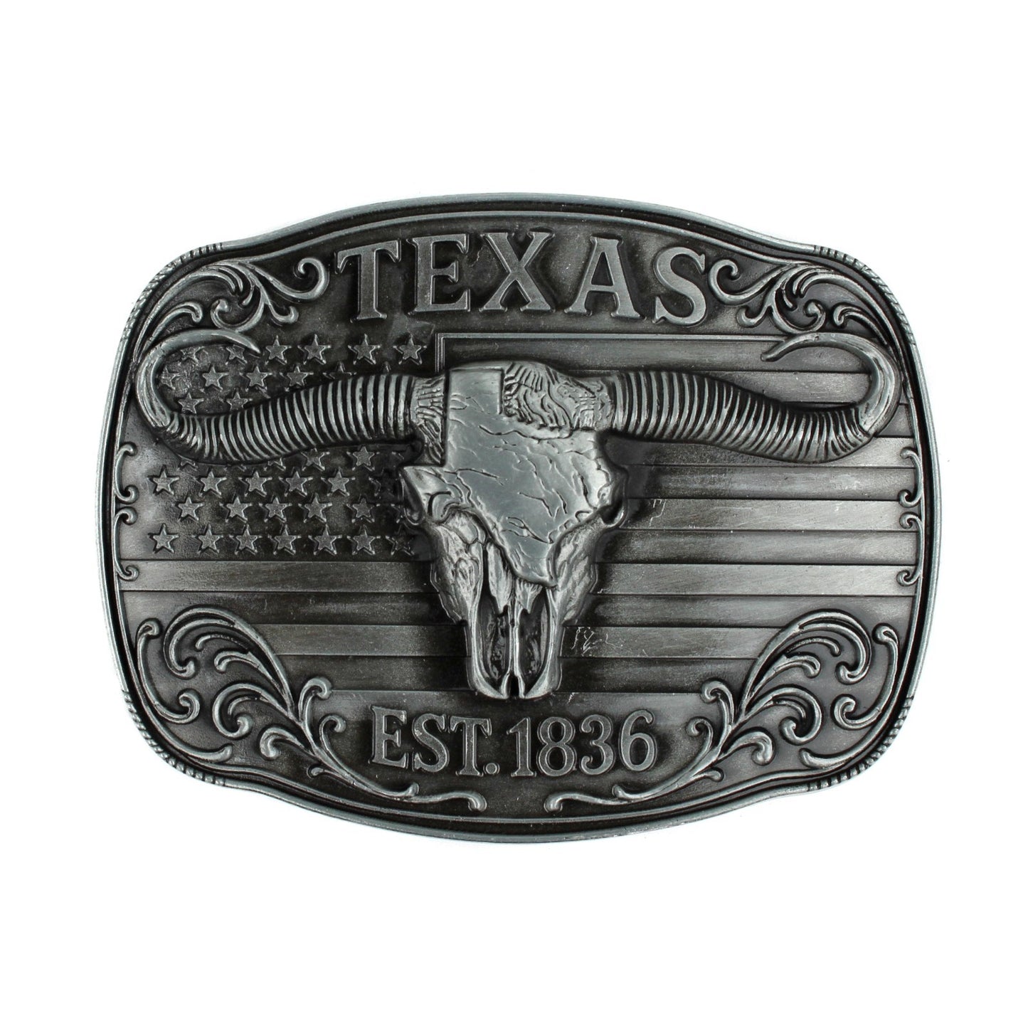 American Flag Texas 1836 Longhorn Belt Buckle Antique Silver Fits 1.5 inch Belts
