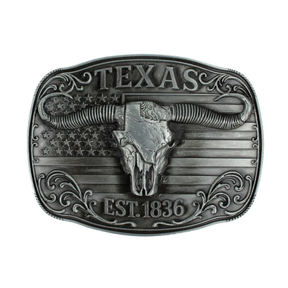 American Flag Texas 1836 Longhorn Belt Buckle Antique Silver Fits 1.5 inch Belts