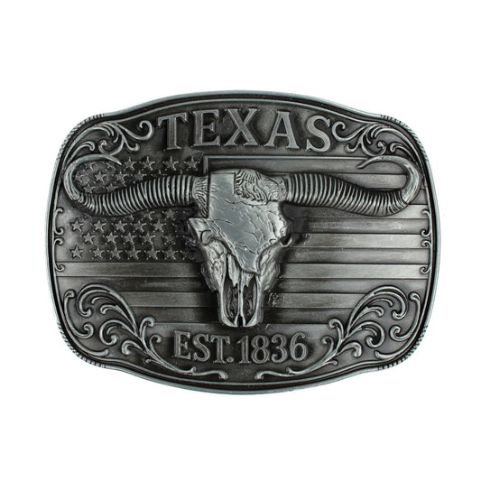 American Flag Texas 1836 Longhorn Belt Buckle Antique Silver Fits 1.5 inch Belts