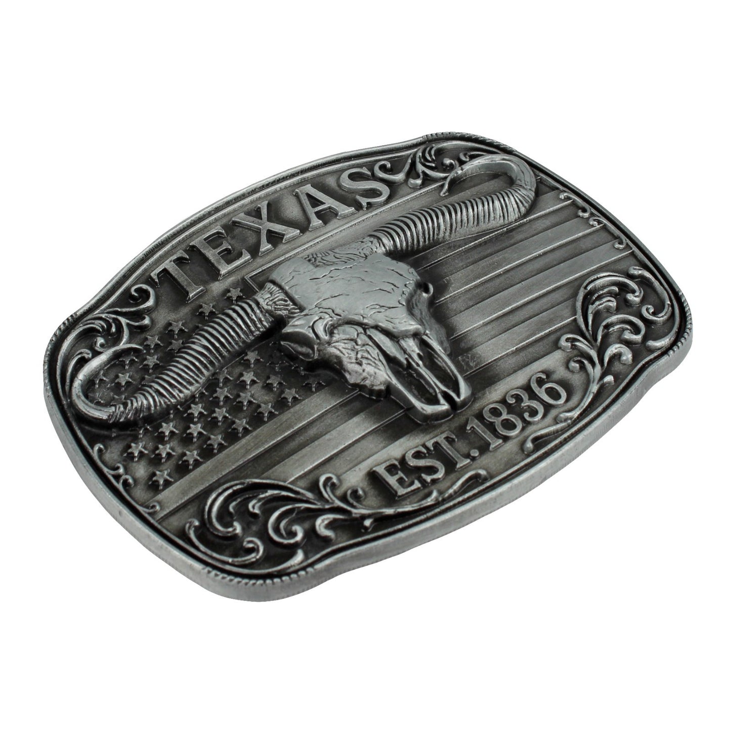 American Flag Texas 1836 Longhorn Belt Buckle Antique Silver Fits 1.5 inch Belts