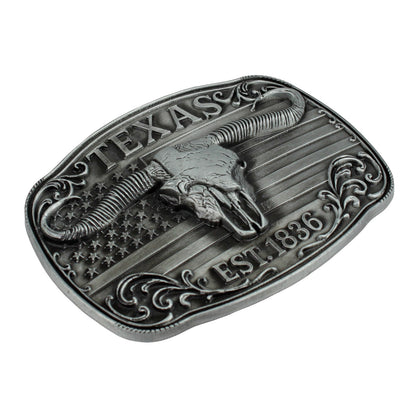 American Flag Texas 1836 Longhorn Belt Buckle Antique Silver Fits 1.5 inch Belts
