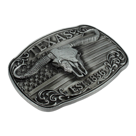 American Flag Texas 1836 Longhorn Belt Buckle Antique Silver Fits 1.5 inch Belts