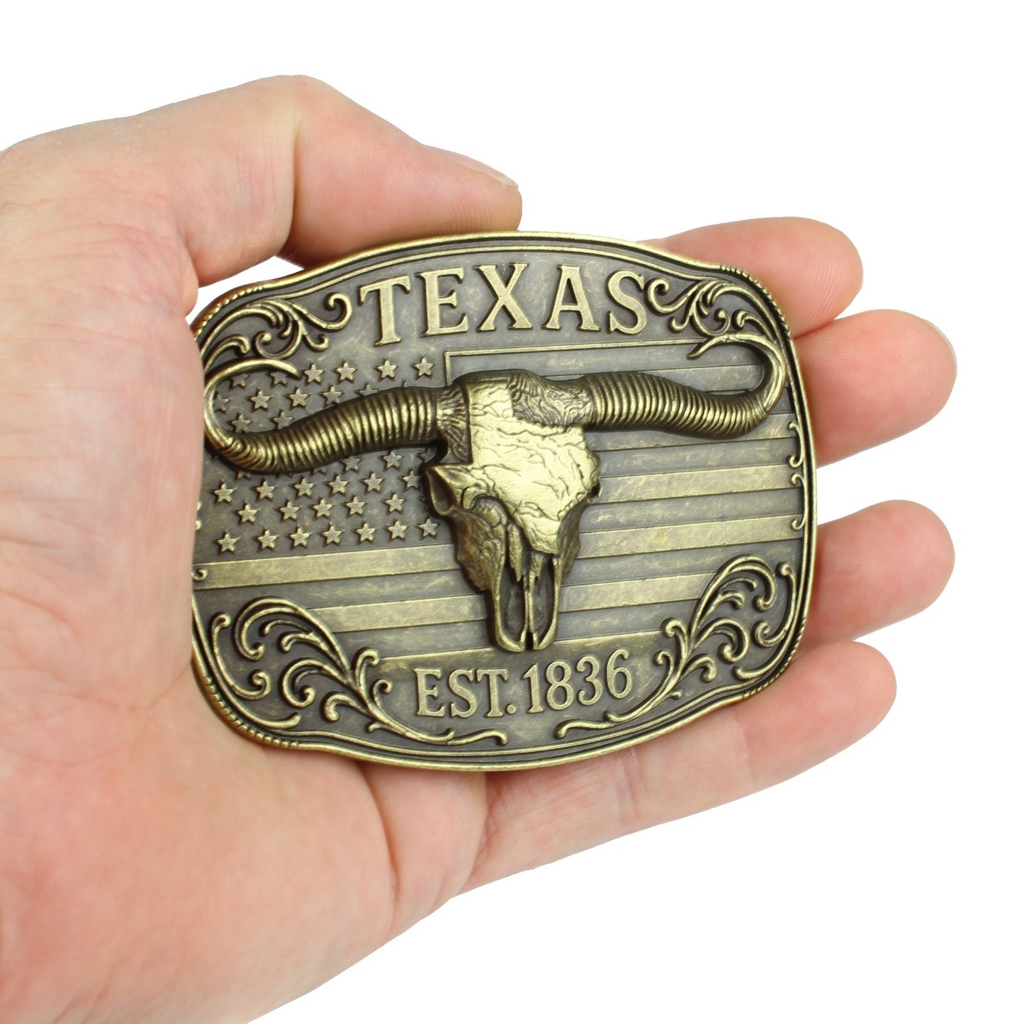 American Flag Texas 1836 Longhorn Belt Buckle Antique Bronze Fits 1.5 inch Belts