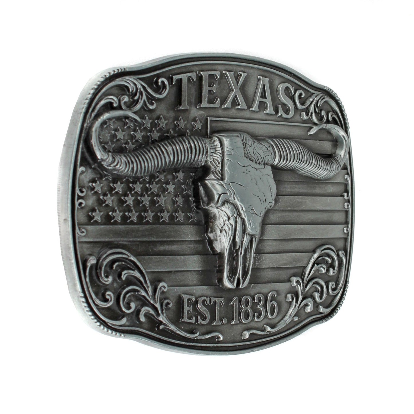 American Flag Texas 1836 Longhorn Belt Buckle Antique Silver Fits 1.5 inch Belts