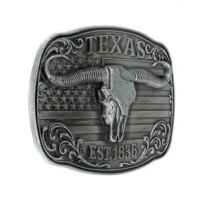 American Flag Texas 1836 Longhorn Belt Buckle Antique Silver Fits 1.5 inch Belts