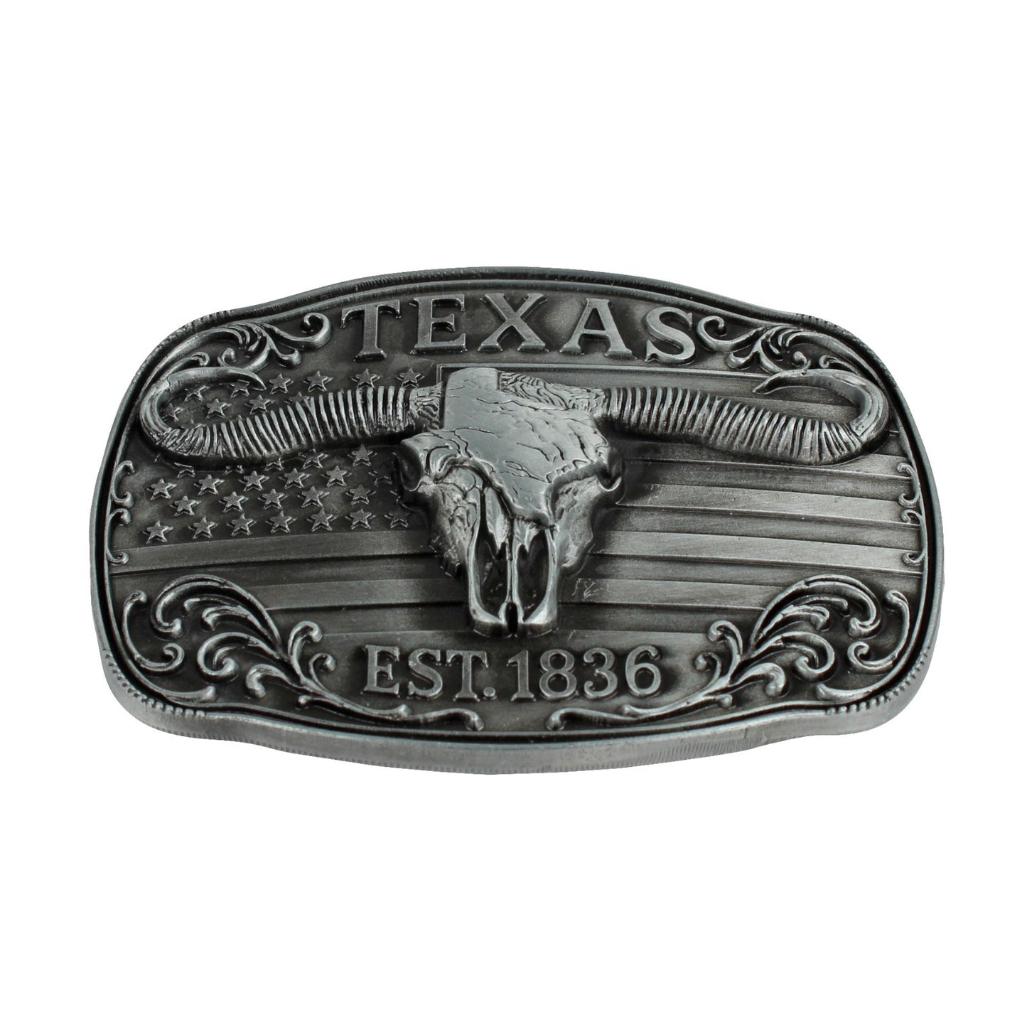 American Flag Texas 1836 Longhorn Belt Buckle Antique Silver Fits 1.5 inch Belts