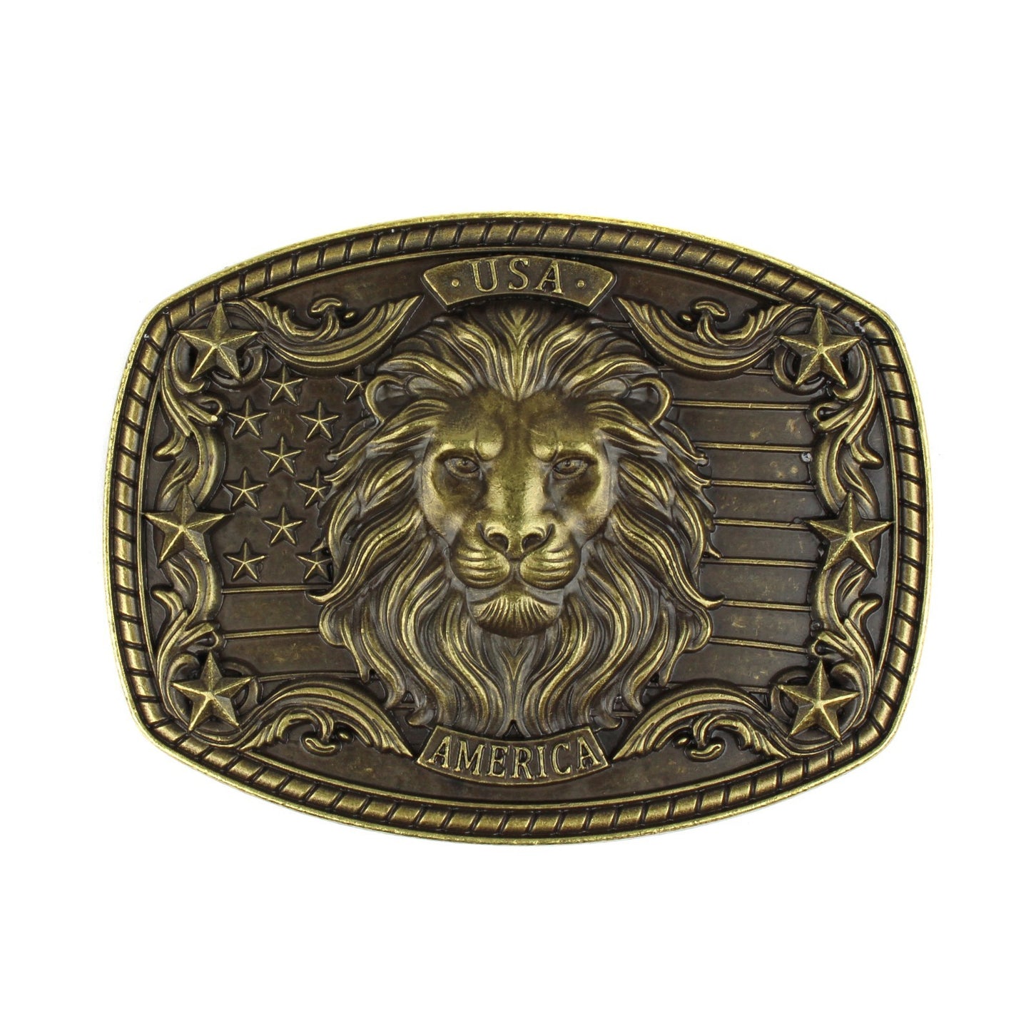 American Flag USA Lion Head Stars Belt Buckle Antique Bronze Fits 1.5 inch Belts