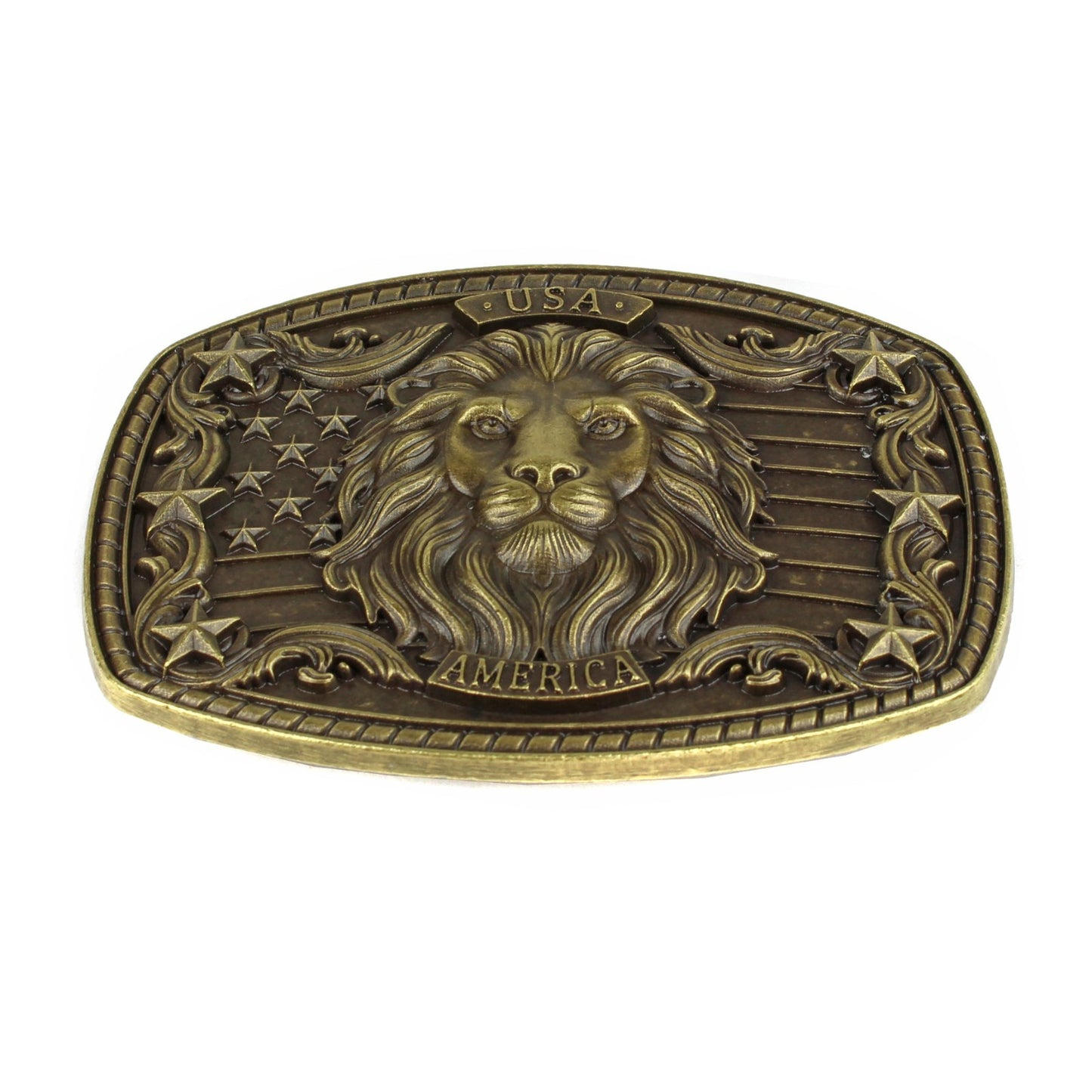 American Flag USA Lion Head Stars Belt Buckle Antique Bronze Fits 1.5 inch Belts