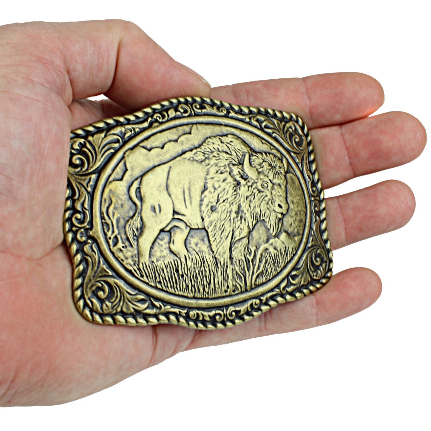 American Bison Buffalo Floral Belt Buckle Antique Bronze Fits 1.5 inch Belts