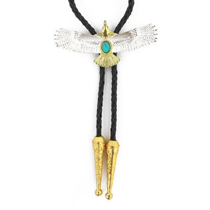 Silver & Gold American Eagle Western Bolo Tie Turquoise Stone 40 inch Black Cord