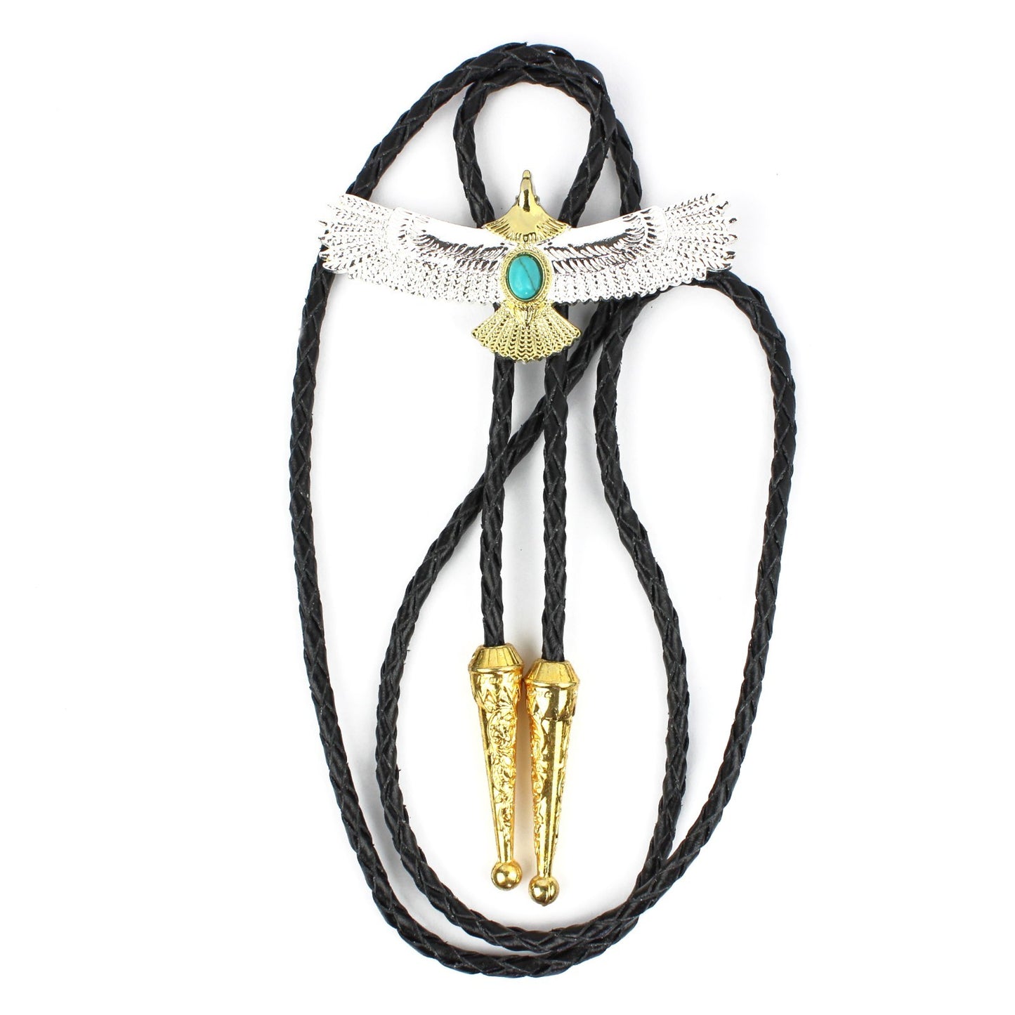 Silver & Gold American Eagle Western Bolo Tie Turquoise Stone 40 inch Black Cord