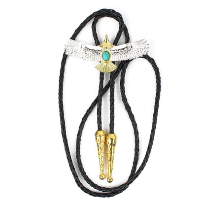 Silver & Gold American Eagle Western Bolo Tie Turquoise Stone 40 inch Black Cord