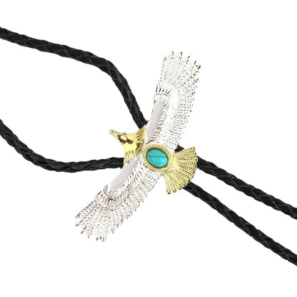 Silver & Gold American Eagle Western Bolo Tie Turquoise Stone 40 inch Black Cord
