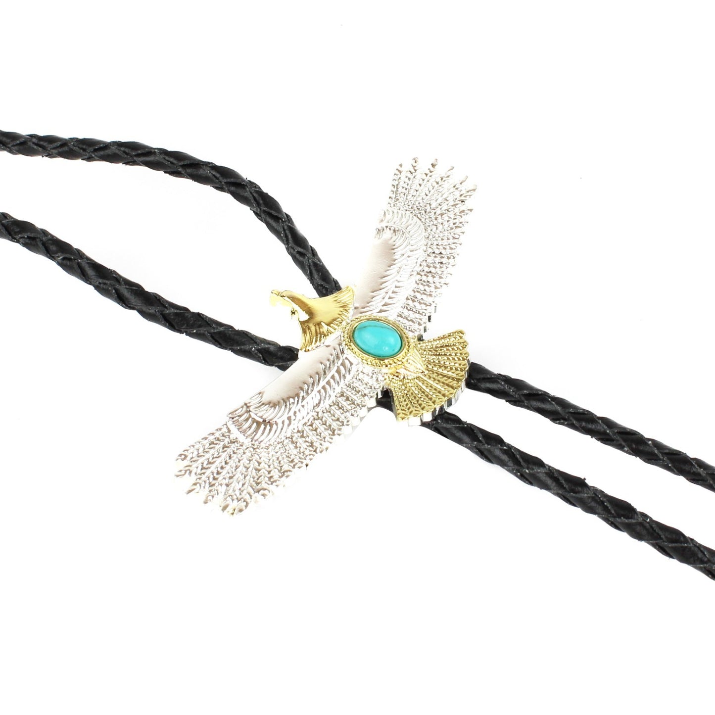 Silver & Gold American Eagle Western Bolo Tie Turquoise Stone 40 inch Black Cord