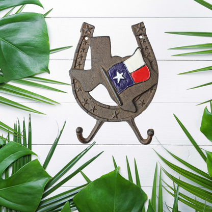 Rustic Lucky Horseshoe Texas Map Flag Stars Double Wall Hook Key Coat Hanger
