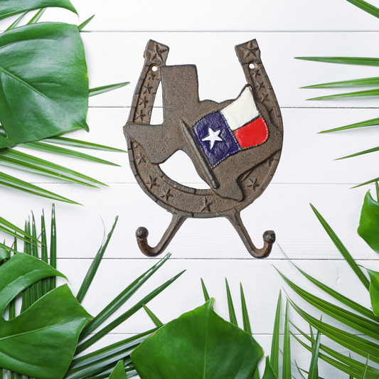 Rustic Lucky Horseshoe Texas Map Flag Stars Double Wall Hook Key Coat Hanger