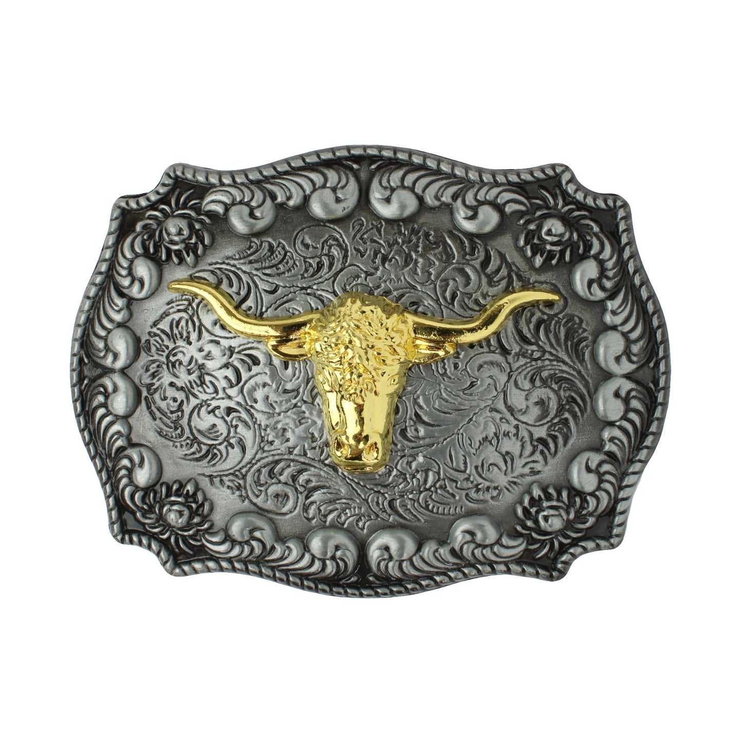 Golden Longhorn Antique Silver Floral Western Belt Buckle Fits 1.5 inch Belts