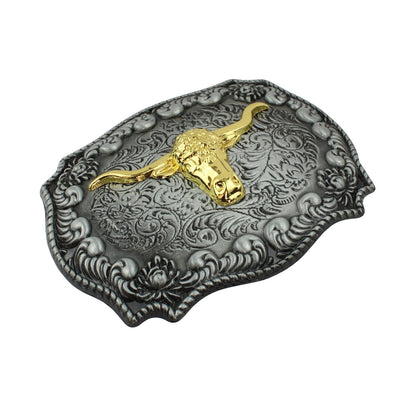 Golden Longhorn Antique Silver Floral Western Belt Buckle Fits 1.5 inch Belts
