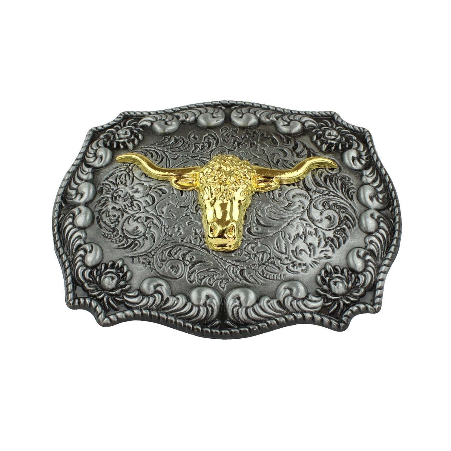 Golden Longhorn Antique Silver Floral Western Belt Buckle Fits 1.5 inch Belts
