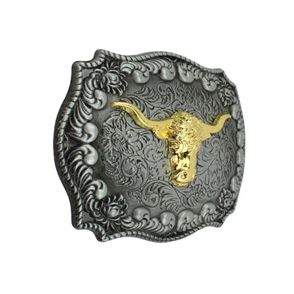 Golden Longhorn Antique Silver Floral Western Belt Buckle Fits 1.5 inch Belts