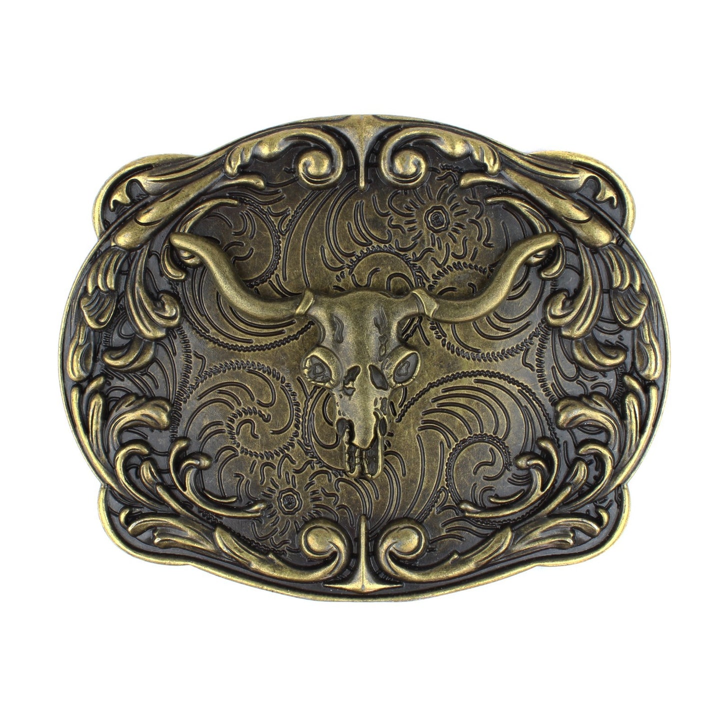Floral Western Longhorn Bull Head Belt Buckle Antique Bronze Fits 1.5 inch Belt
