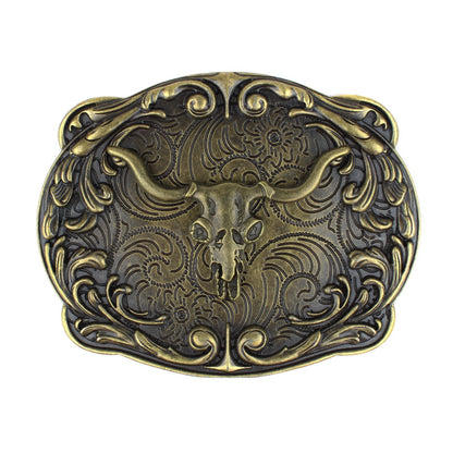 Floral Western Longhorn Bull Head Belt Buckle Antique Bronze Fits 1.5 inch Belt