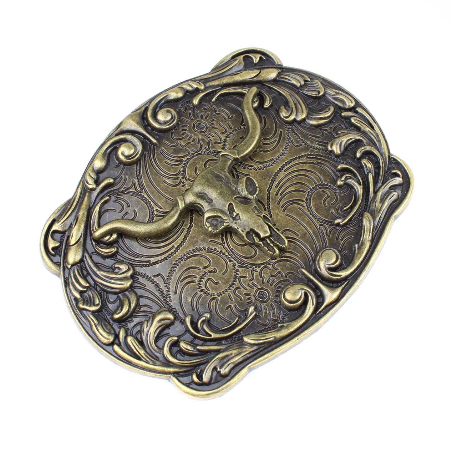 Floral Western Longhorn Bull Head Belt Buckle Antique Bronze Fits 1.5 inch Belt