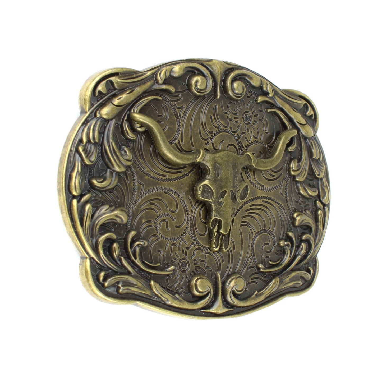 Floral Western Longhorn Bull Head Belt Buckle Antique Bronze Fits 1.5 inch Belt