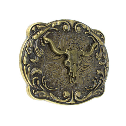 Floral Western Longhorn Bull Head Belt Buckle Antique Bronze Fits 1.5 inch Belt