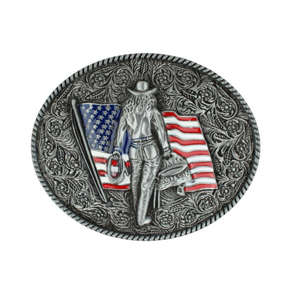 Oval Enamel American Flag Floral Cowgirl Western Belt Buckle Antique Silver