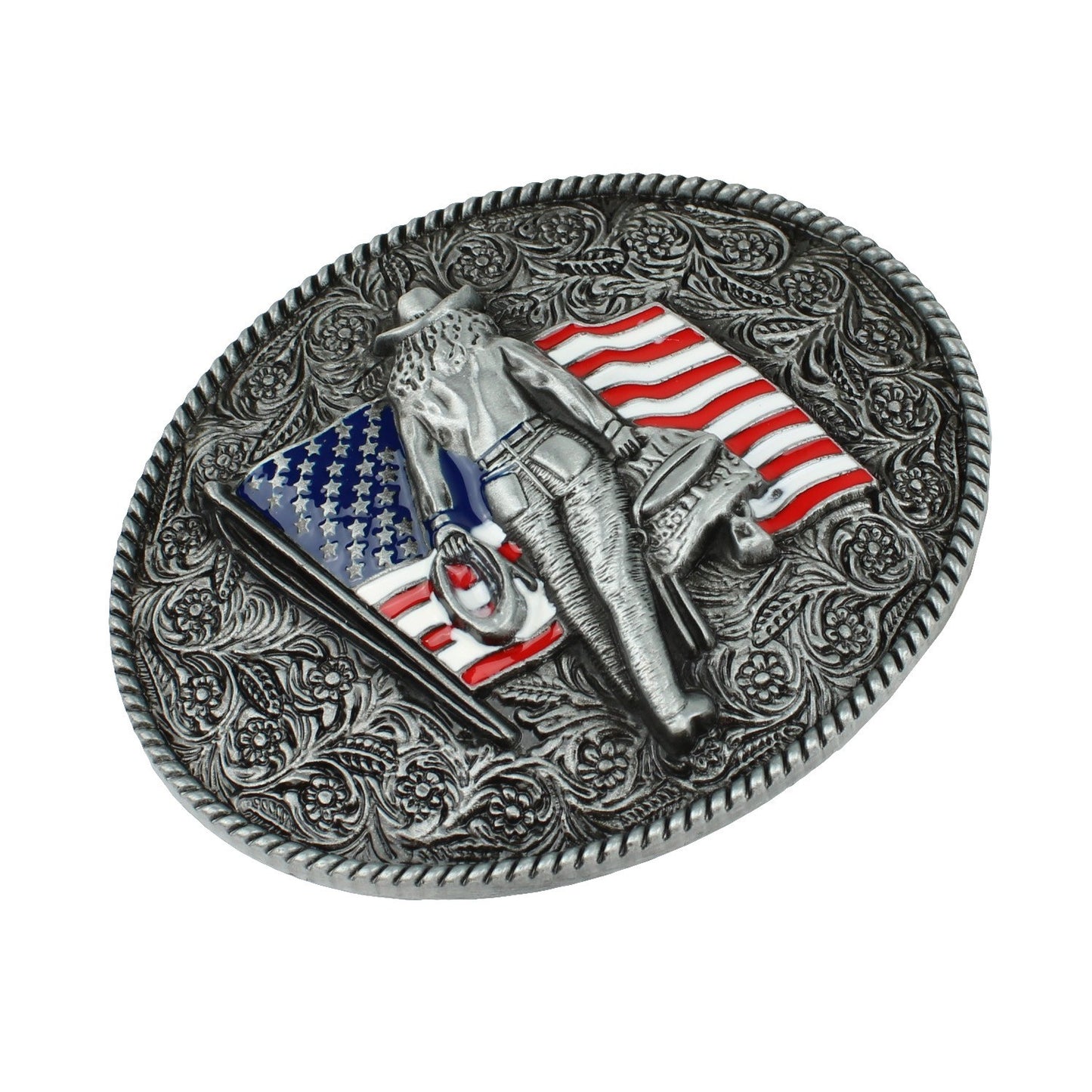 Oval Enamel American Flag Floral Cowgirl Western Belt Buckle Antique Silver