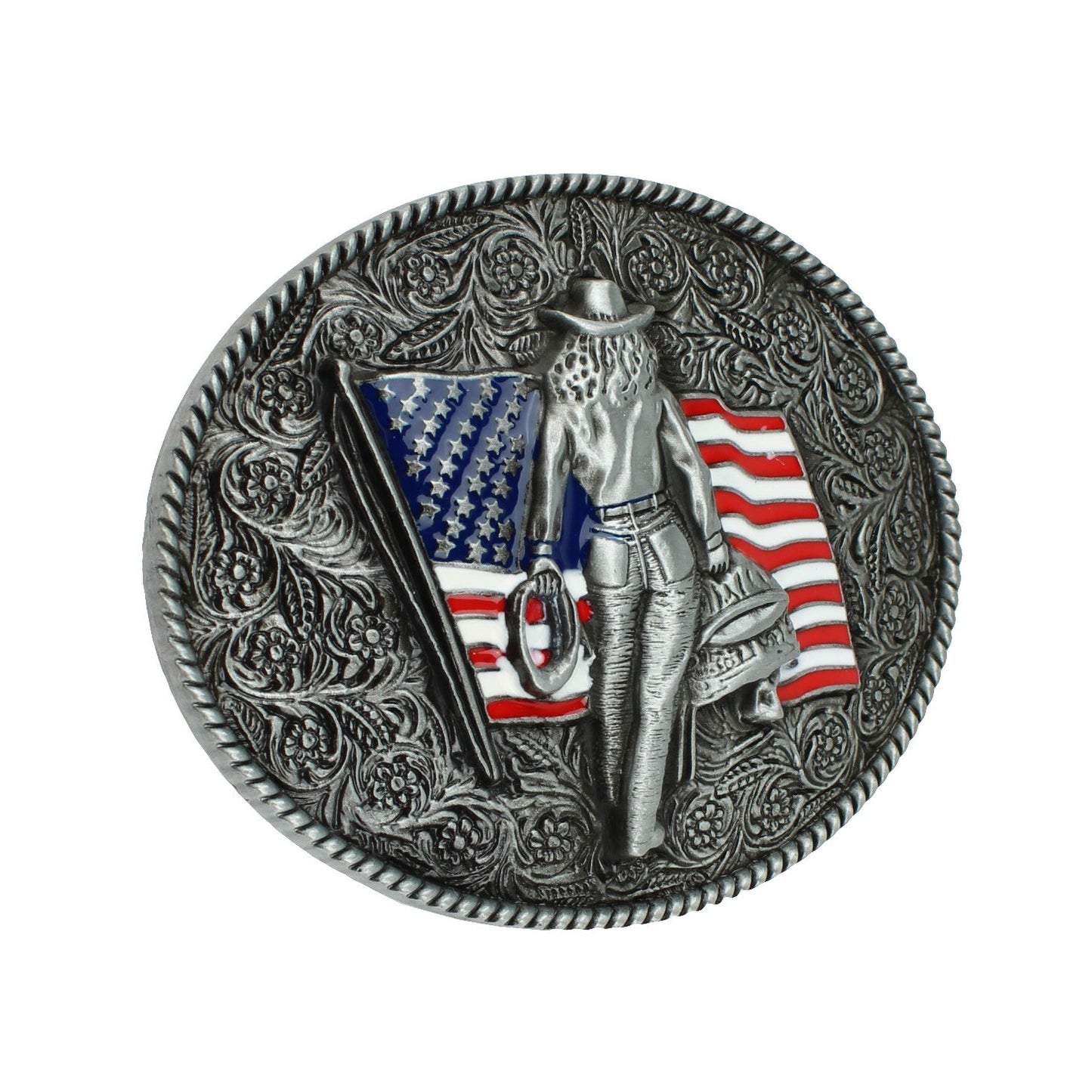 Oval Enamel American Flag Floral Cowgirl Western Belt Buckle Antique Silver
