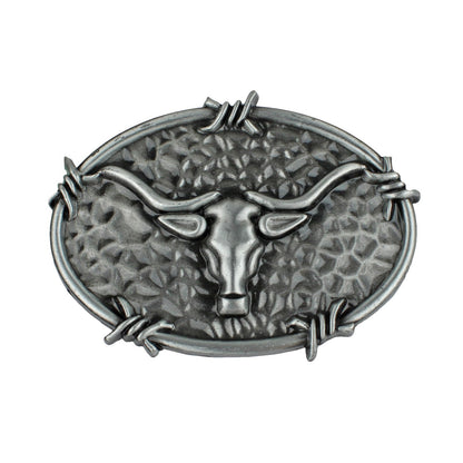 Oval Longhorn Bull Steer Head Barbed Wire Western Belt Buckle Antique Silver