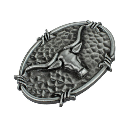 Oval Longhorn Bull Steer Head Barbed Wire Western Belt Buckle Antique Silver