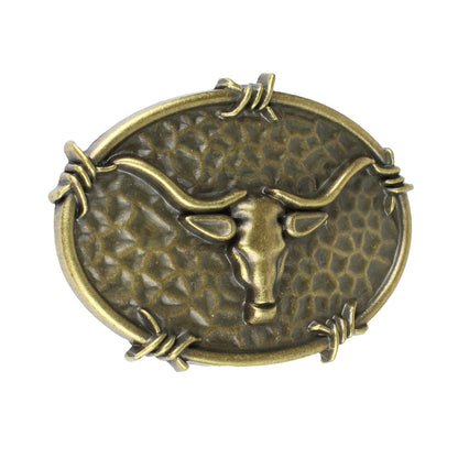 Oval Longhorn Bull Steer Head Barbed Wire Western Belt Buckle Antique Bronze