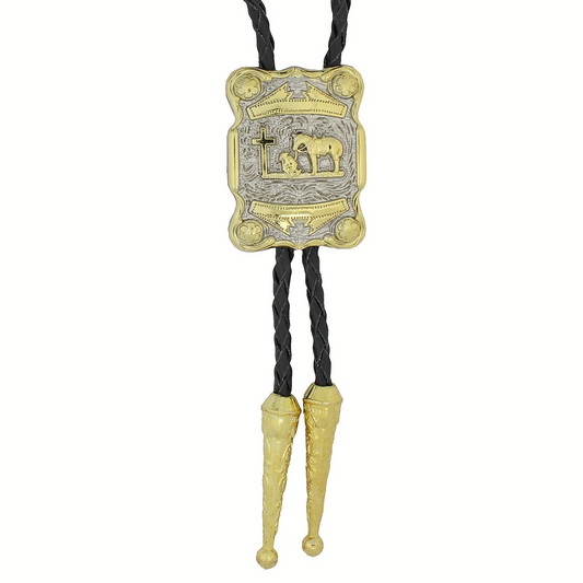 Praying Cowboy Kneeling At Cross Golden Bolo Tie 40 in Adjustable Leather Cord
