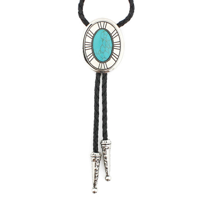 Silver Tone Oval Turquoise Stone Western Bolo Tie 40 in Adjustable Leather Cord