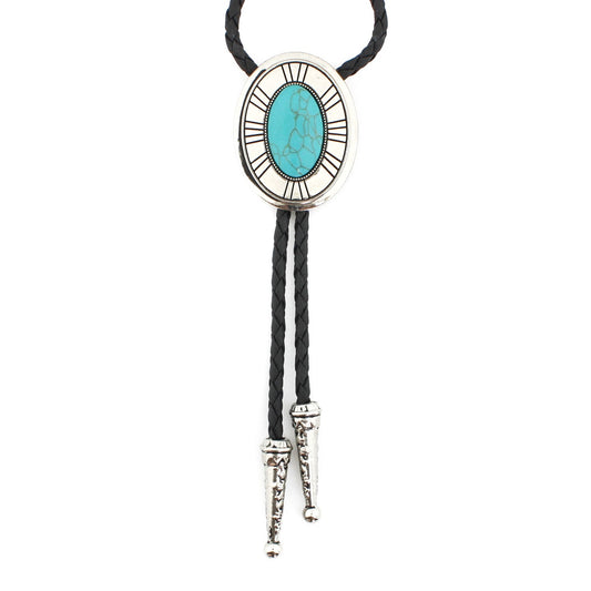 Silver Tone Oval Turquoise Stone Western Bolo Tie 40 in Adjustable Leather Cord