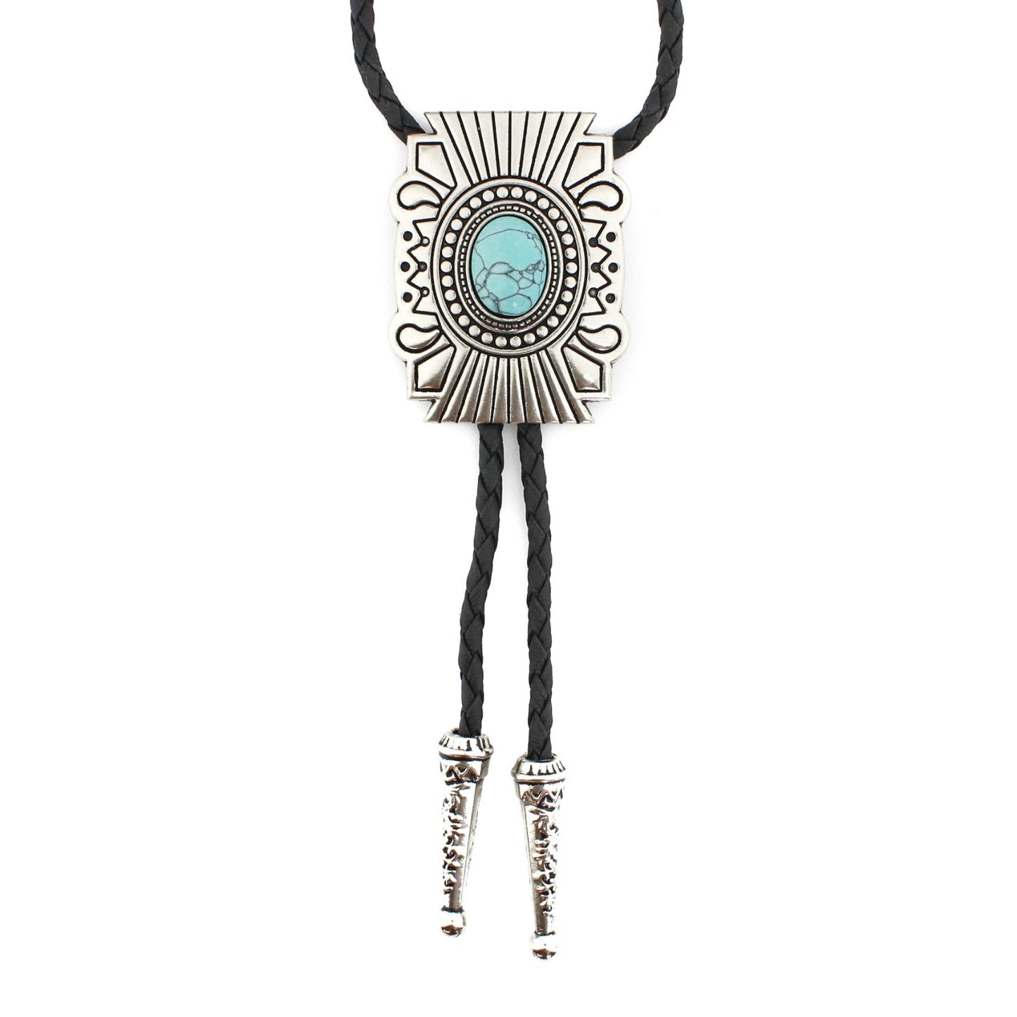 Silver Tone Oval Turquoise Stone Aztec Bolo Tie 40 in Adjustable Leather Cord
