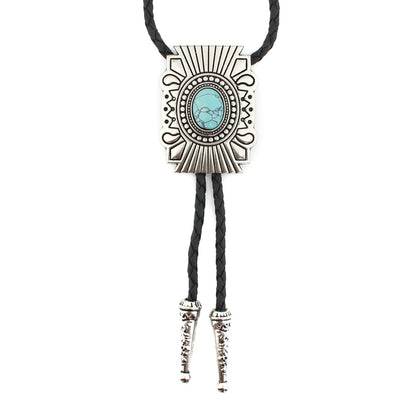Silver Tone Oval Turquoise Stone Aztec Bolo Tie 40 in Adjustable Leather Cord
