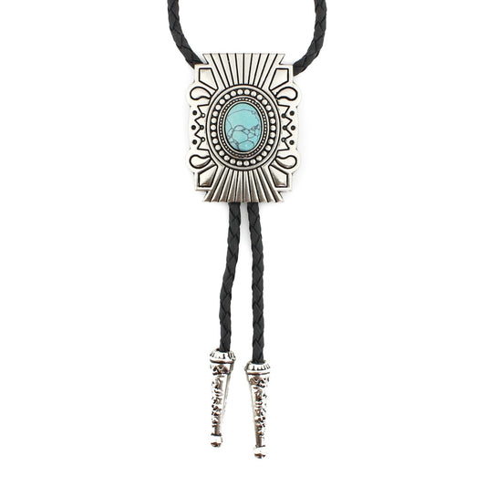 Silver Tone Oval Turquoise Stone Aztec Bolo Tie 40 in Adjustable Leather Cord