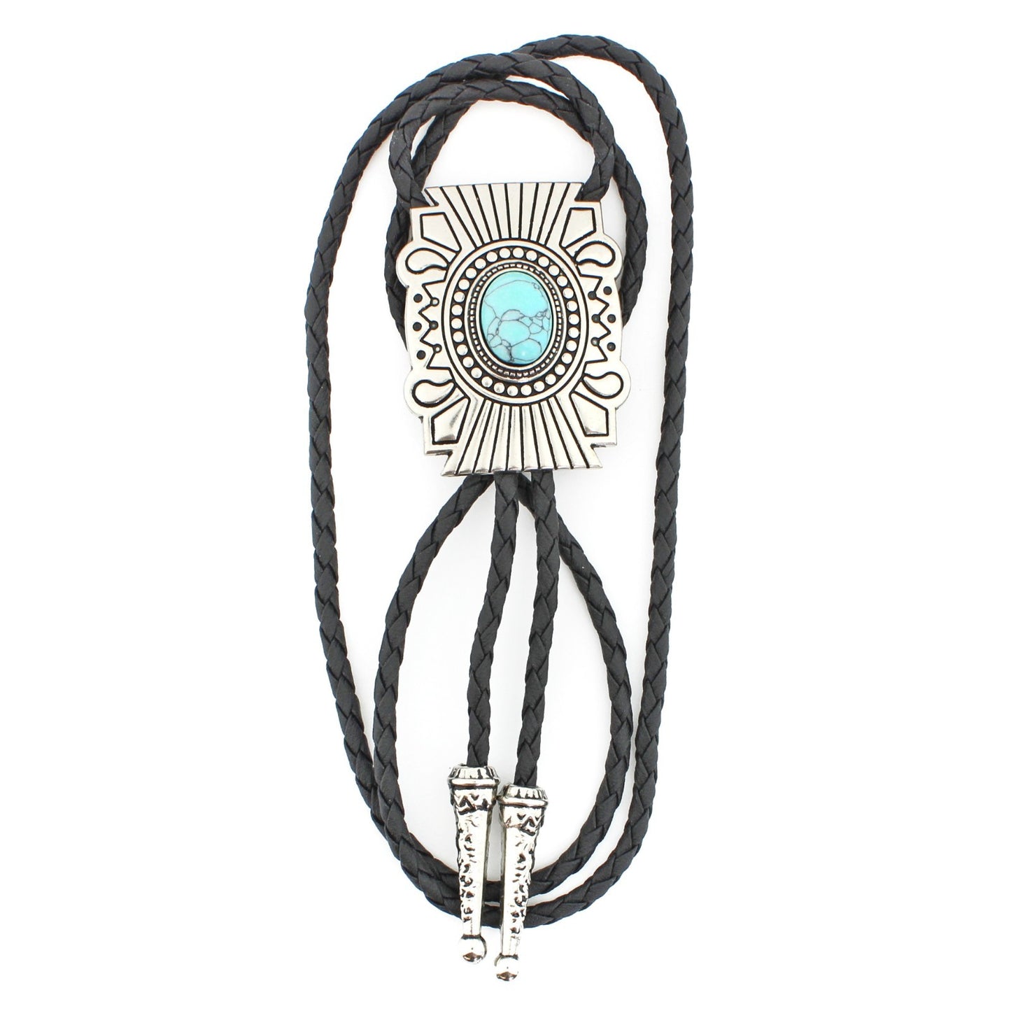 Silver Tone Oval Turquoise Stone Aztec Bolo Tie 40 in Adjustable Leather Cord