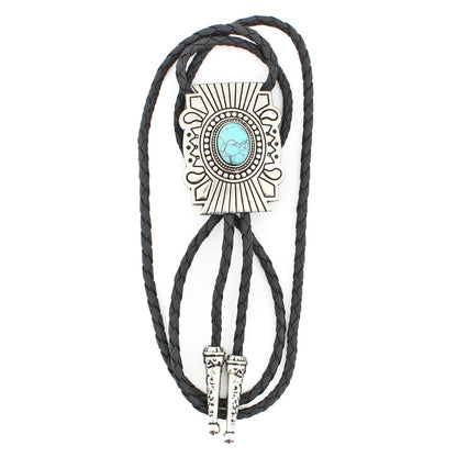 Silver Tone Oval Turquoise Stone Aztec Bolo Tie 40 in Adjustable Leather Cord