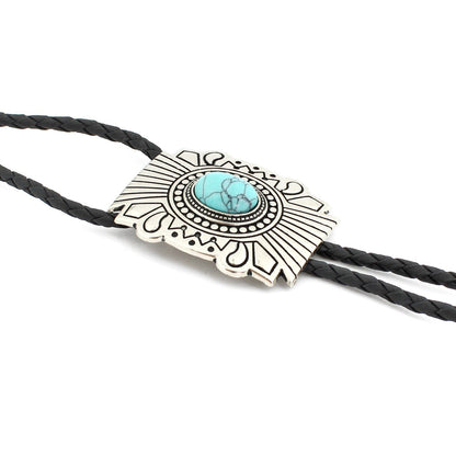 Silver Tone Oval Turquoise Stone Aztec Bolo Tie 40 in Adjustable Leather Cord